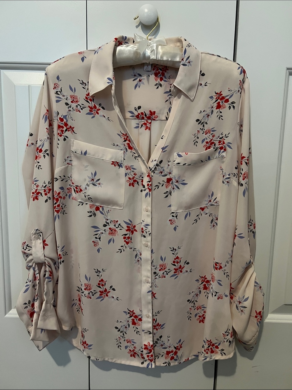 Candie's Pale Pink Floral Button-Down Shirt with Red & Blue Blossom Sprigs